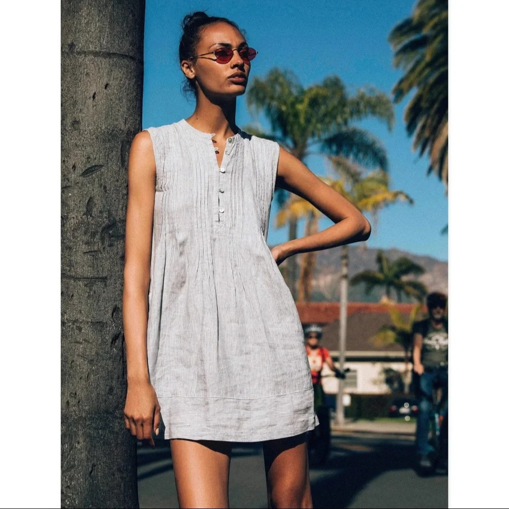 Faherty Isha 100% Linen Dress Blue Mini Stripe Pintuck WDS2119-BMT Bestseller